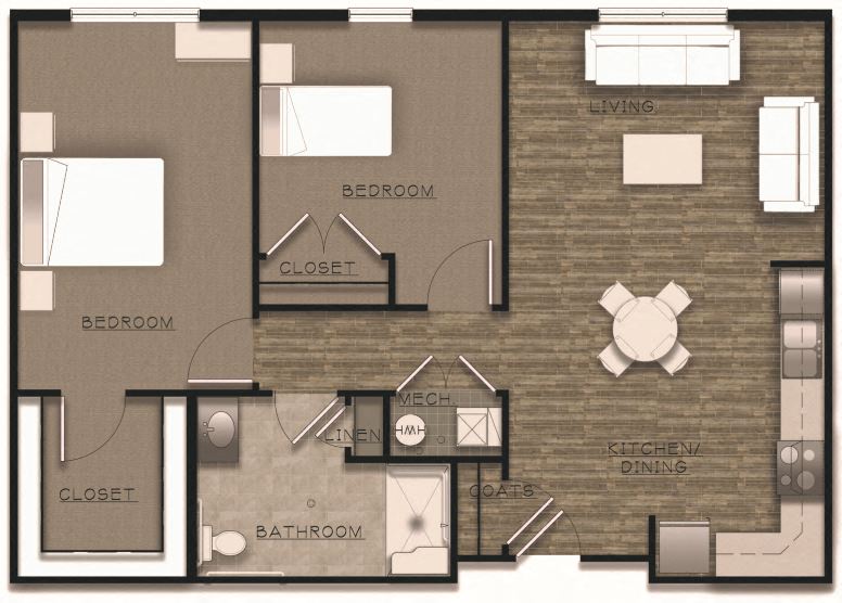 Floor plan for 2 beds, 1 bath, 1100 sqft